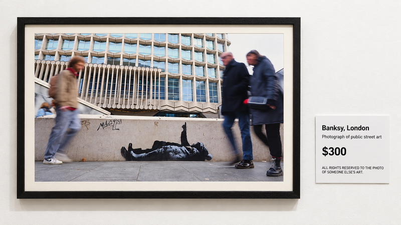 Banksy street art photograph in a black gallery frame beside a satirical $300 photo usage fee label