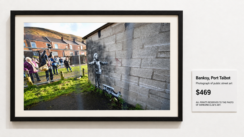 Port Talbot Banksy photograph in a gallery frame with a satirical $469 image fee