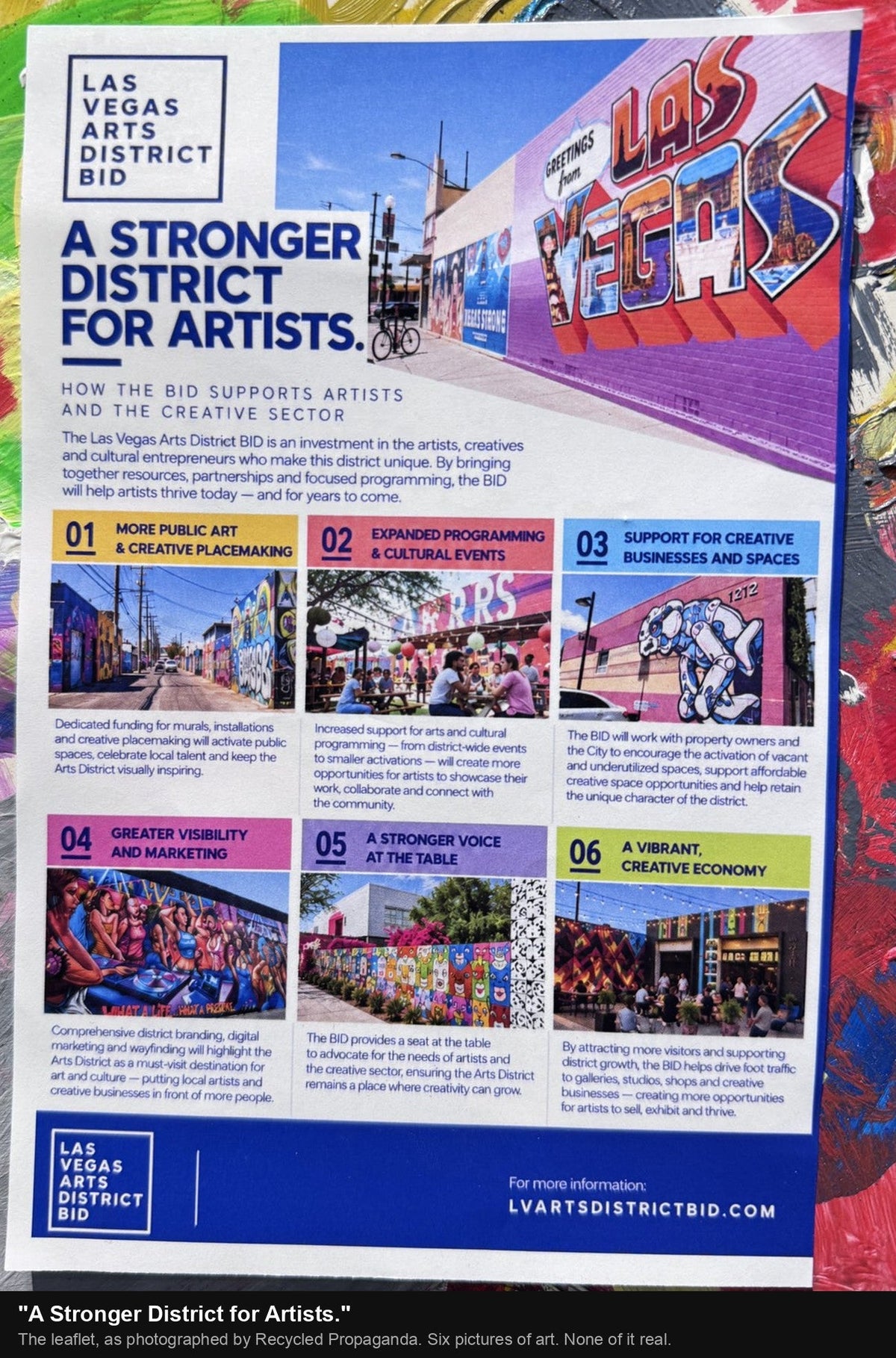 The Las Vegas Arts District BID leaflet A Stronger District for Artists, illustrated with AI generated murals