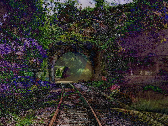 A Recent Entrance to Paradise, AI-generated artwork by DABUS showing train tracks running through a green and purple overgrown archway