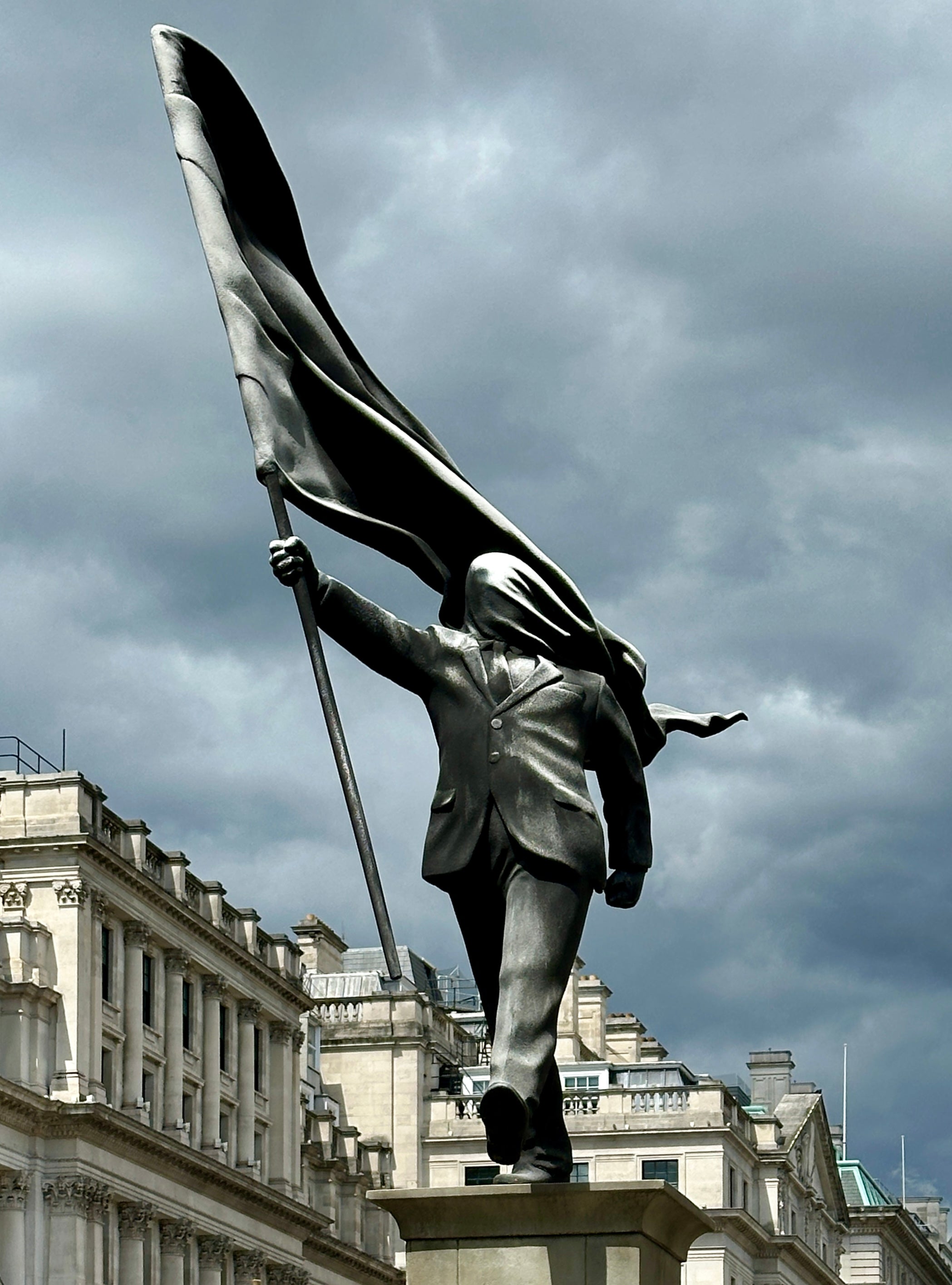 Banksy Left a Blindfolded Man Falling Off a Ledge in London's Most Imperial Square. Ten Weeks Later, He's Still Falling.