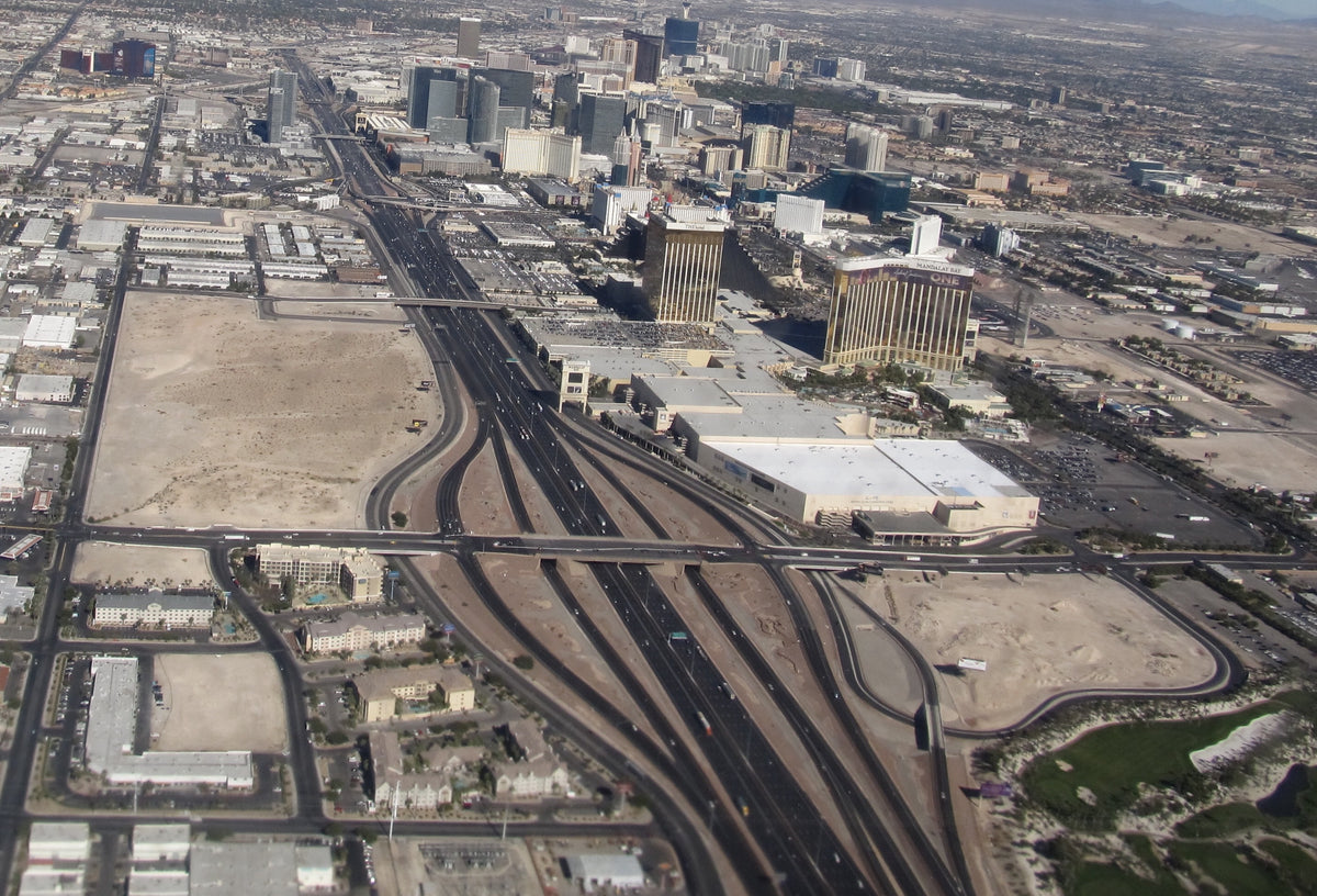 Aerial view of Interstate 15 running alongside the Las Vegas Strip
