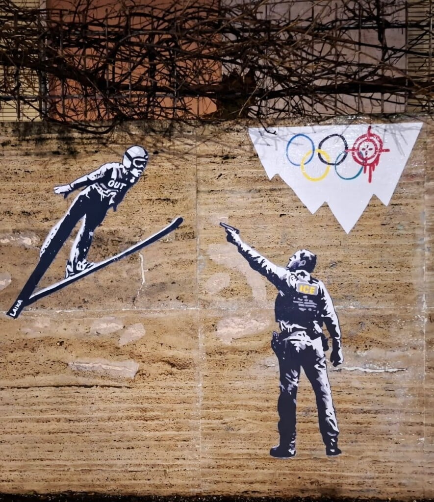 Italy Gave ICE a Security Badge for the Olympics. A Roman Street Artist Painted the Rings Bleeding.