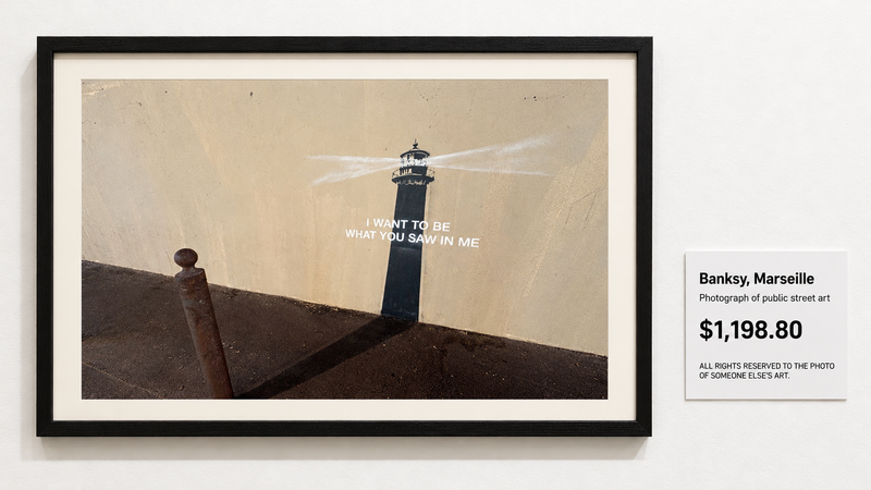 Marseille lighthouse photograph in a gallery frame with a satirical $1,198.80 image fee