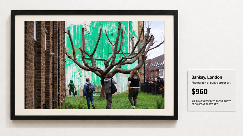 London tree mural photograph in a gallery frame with a satirical $960 image fee