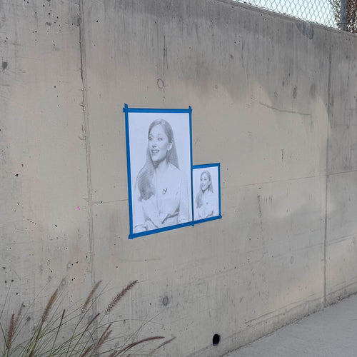 Ariana Grande halftone stencil on a wall, second angle
