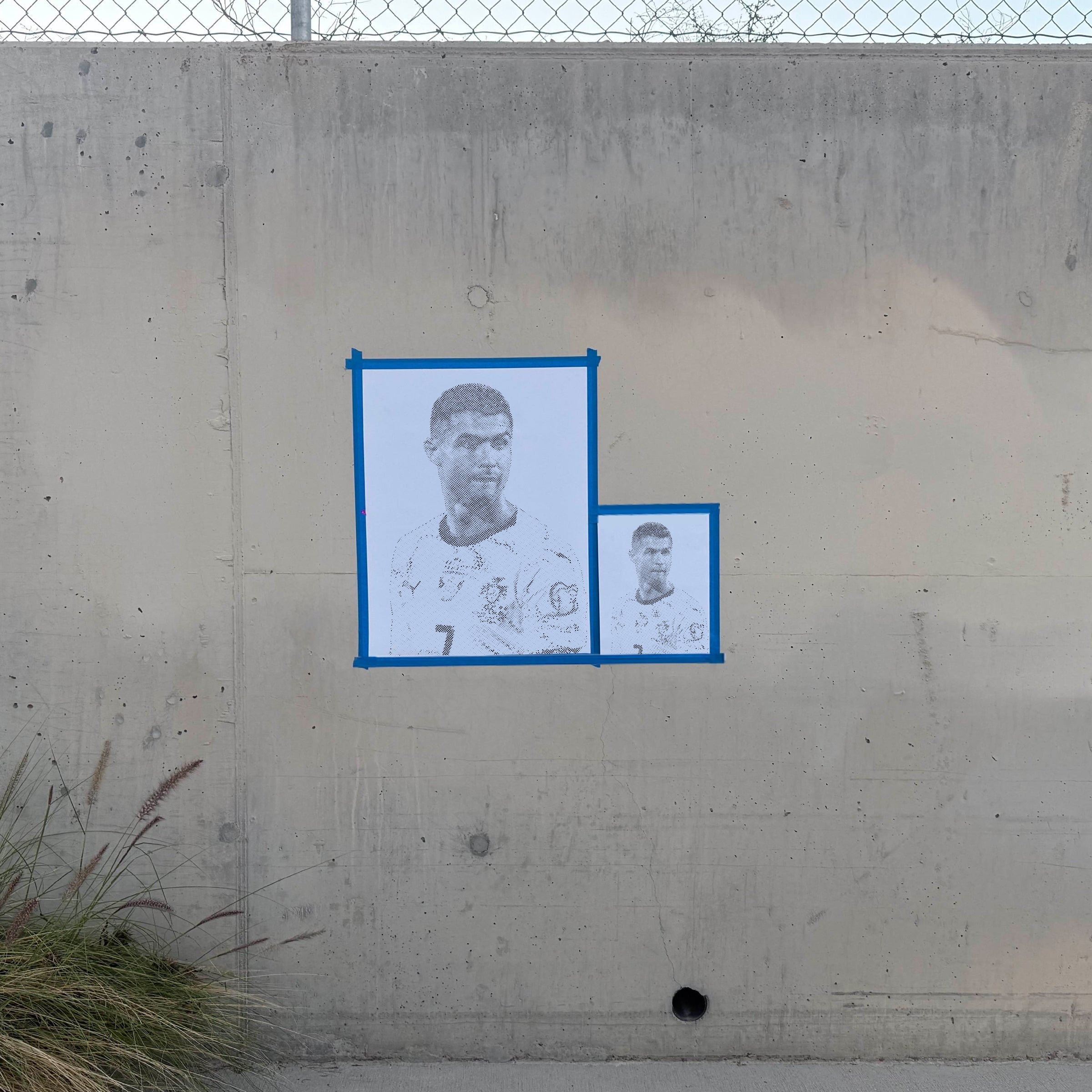 Cristiano Ronaldo halftone stencil sprayed on a wall