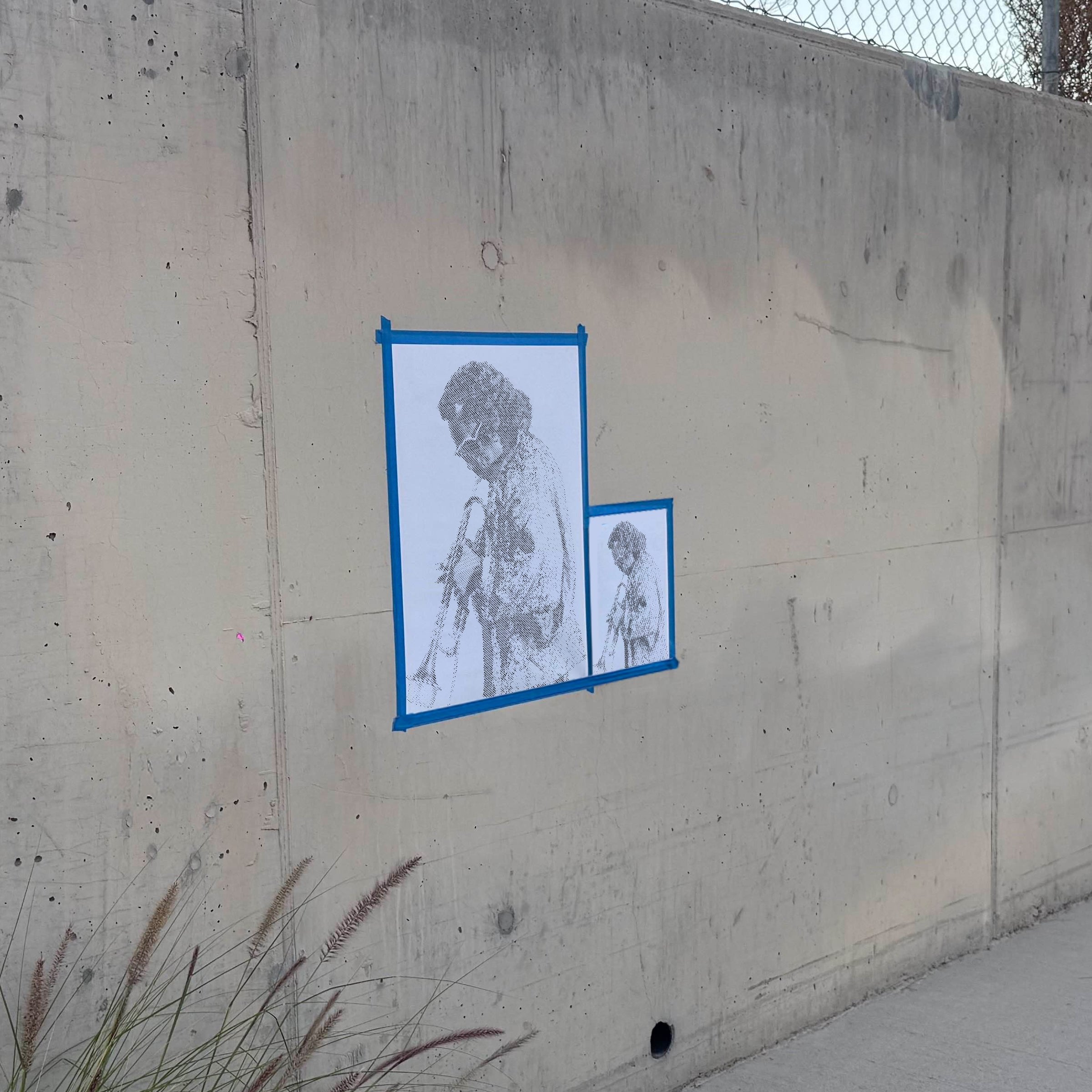 Miles Davis halftone stencil on a wall, second angle