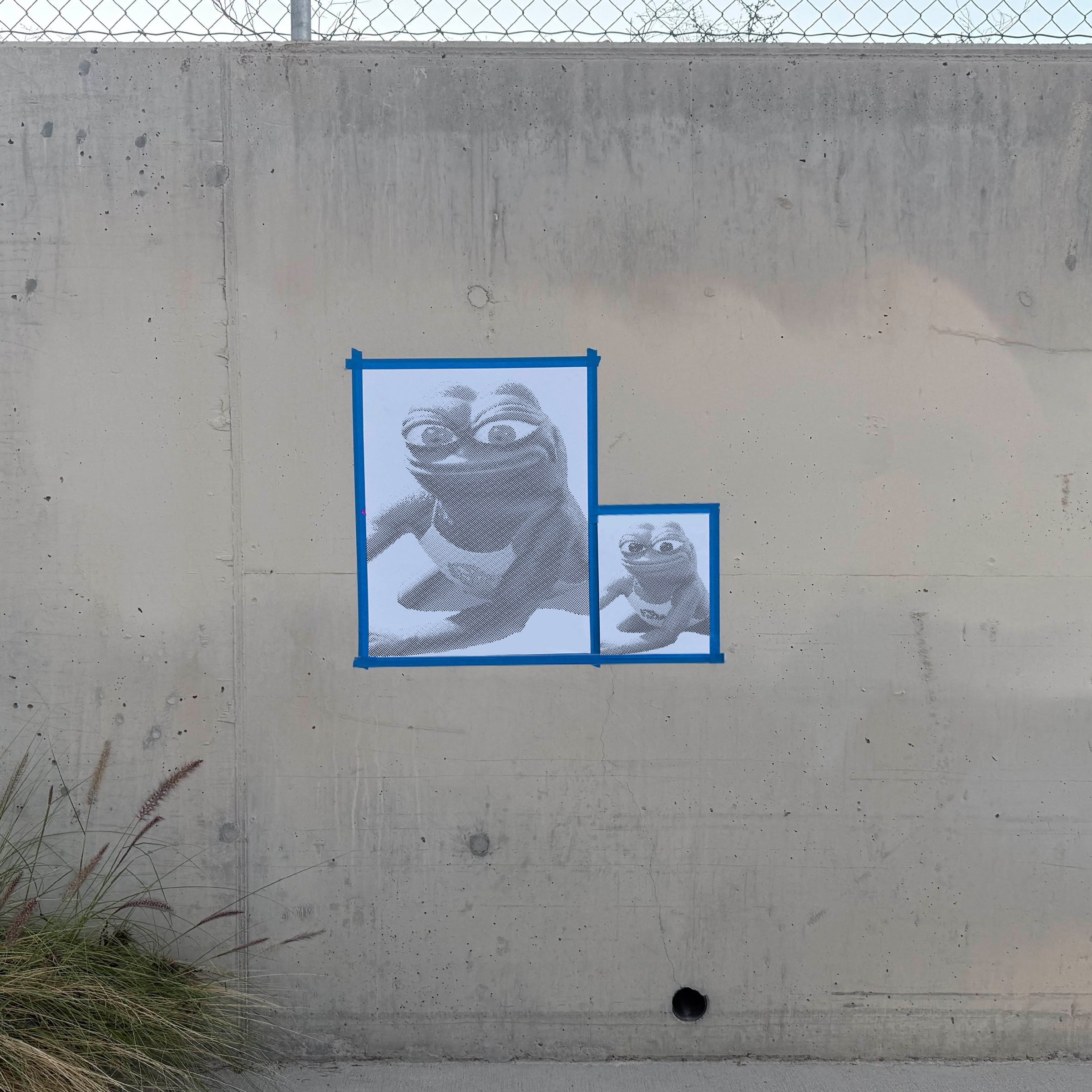 Pepe the Frog halftone stencil sprayed on a wall